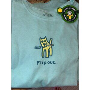 NWT Life Is Good Womens Graphic Tee MEDIUM Blue "Flip Out" Dog Print